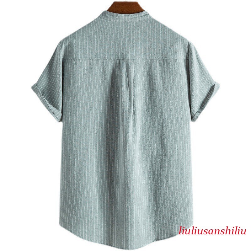 Summer Mens Loose Casual Shirt Cotton and Linen Stand Collar Short Sleeve Shirt gallery