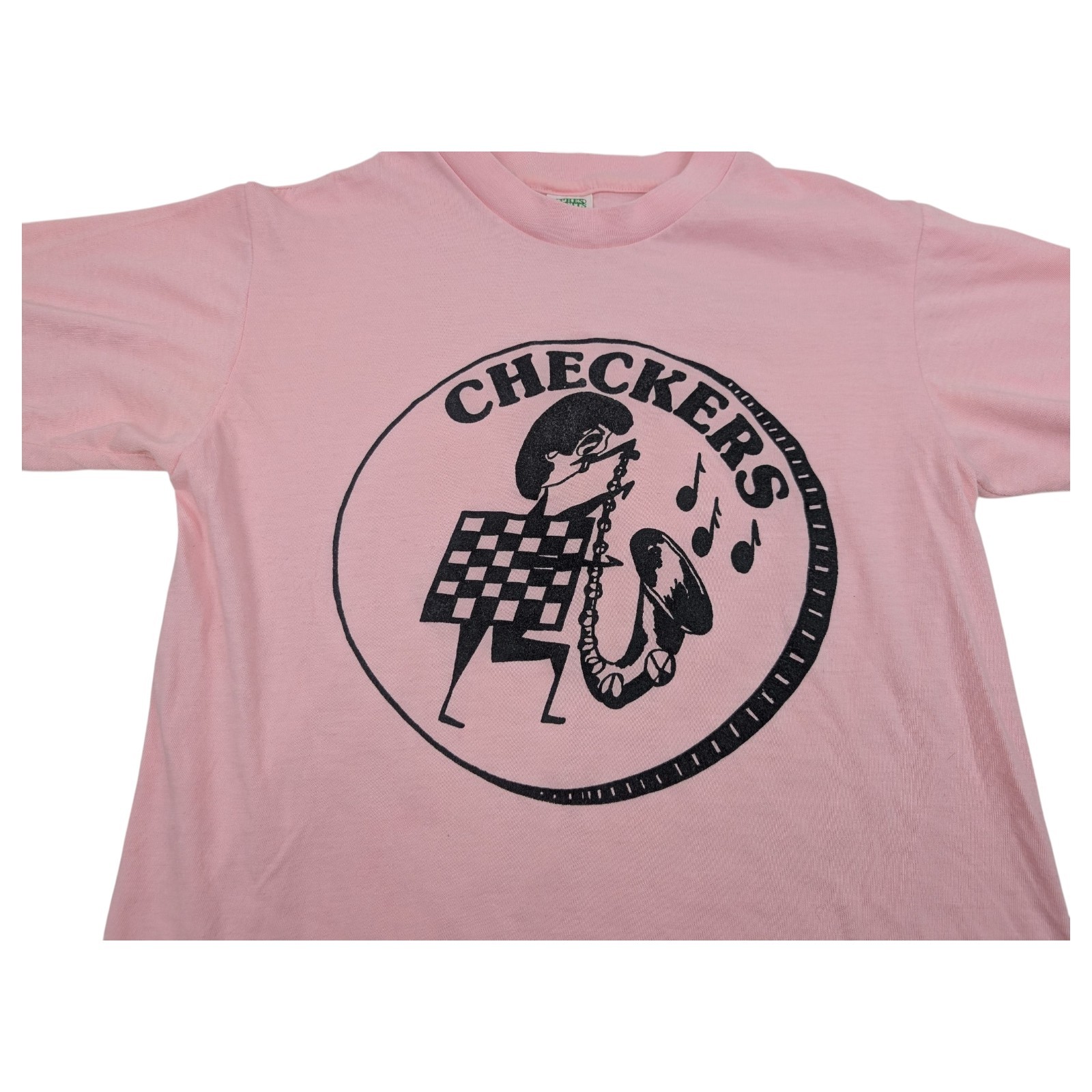 Vtg 80s Checkers Saxophone Pink Shirt Size M single stitch USA gallery