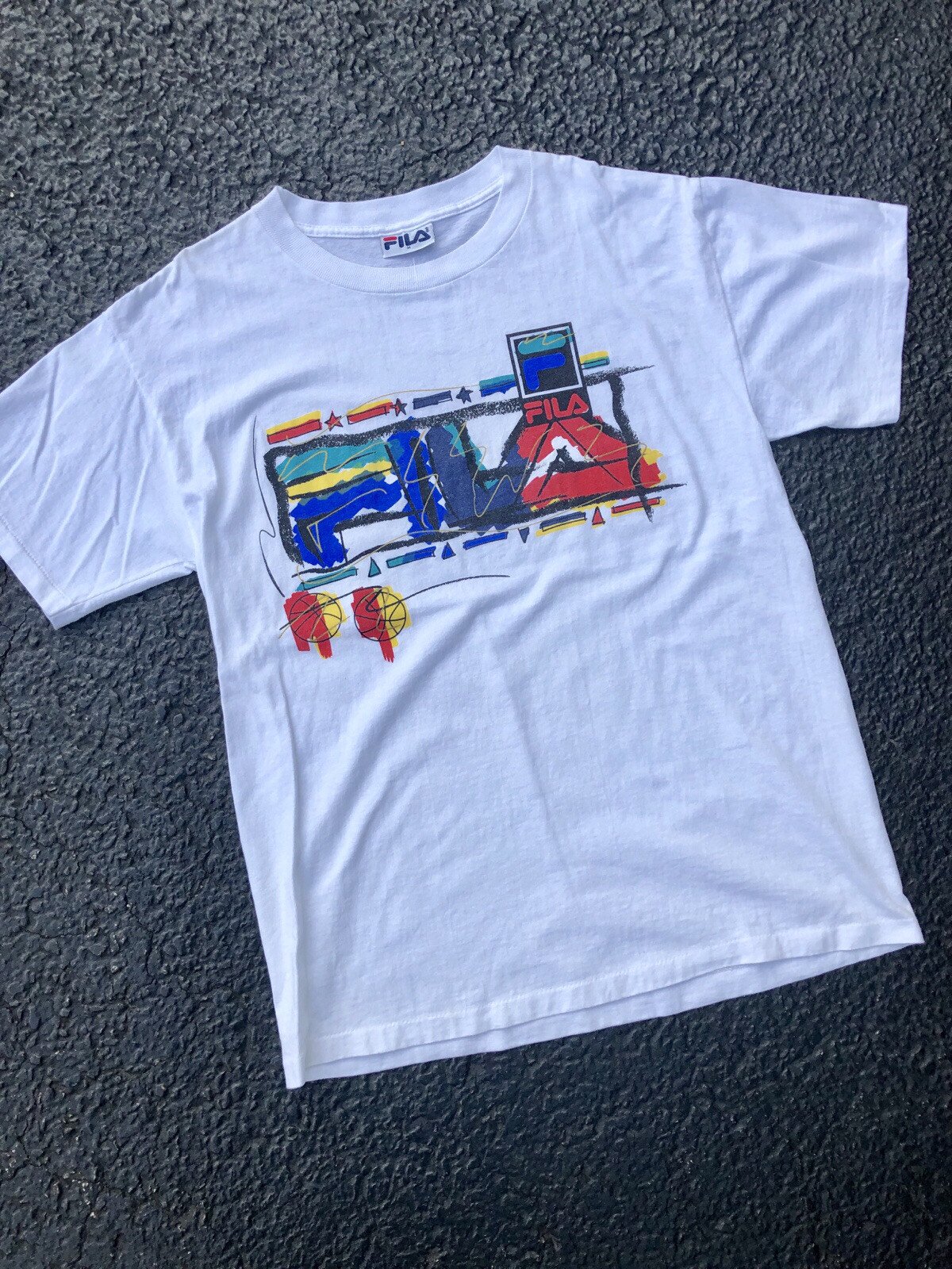 Vintage 90’s Fila Spellout Basketball Graffiti Style T Shirt Mens Medium White gallery