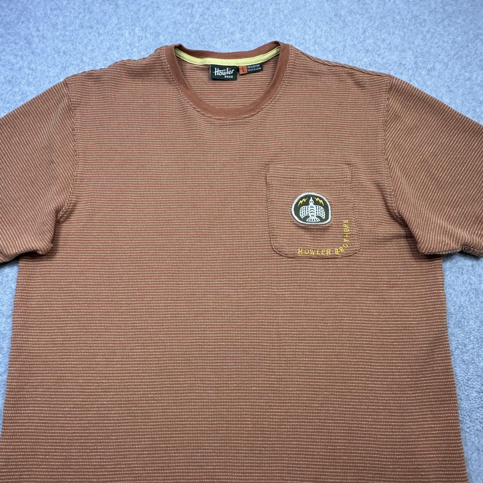 Howler Brothers Shirt Mens Large Orange Striped Textured Pocket Patch Tee gallery
