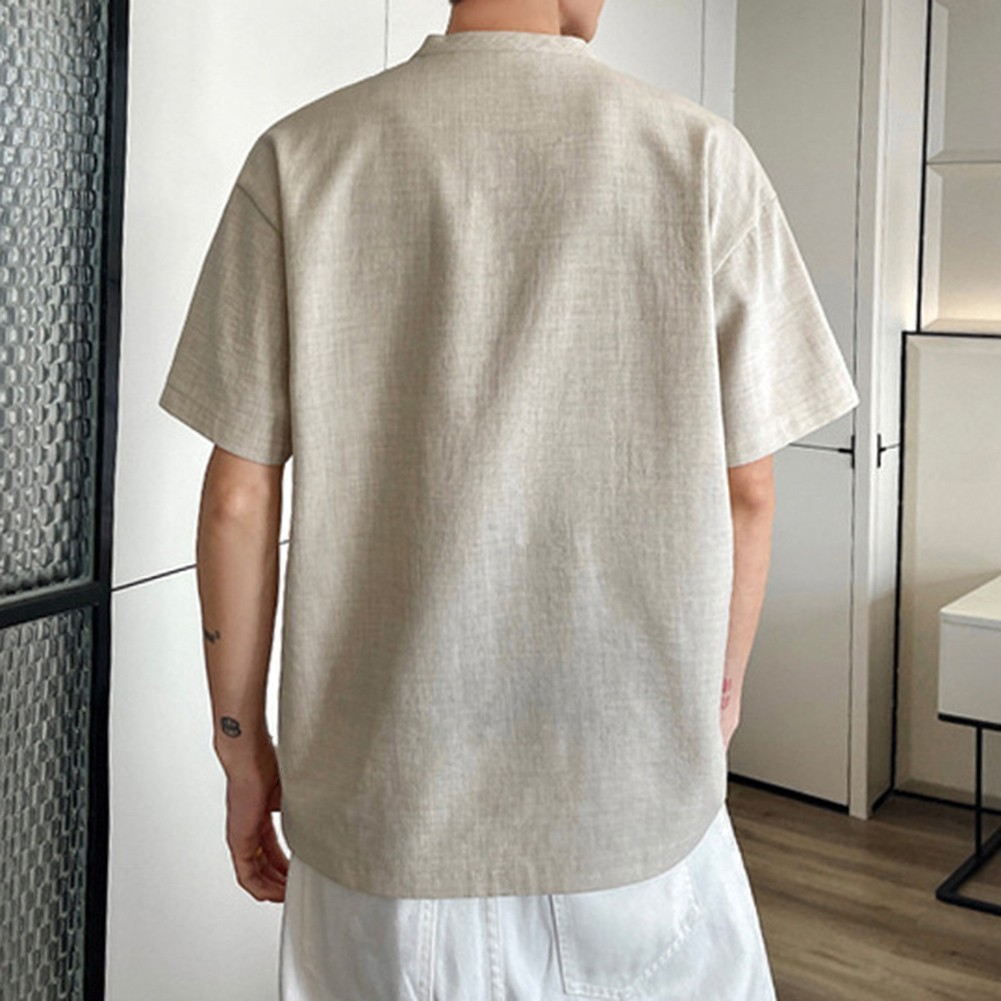 Loose Fit Men's T-Shirt Imitation Linen V Neck Short Sleeve Summer Top gallery