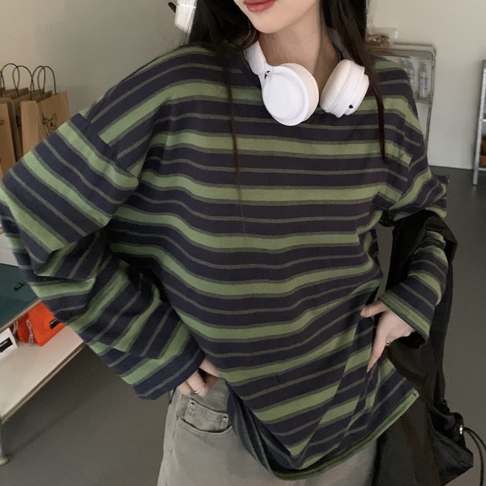 Korean Fashion Women's Loose Striped Blouse Long Sleeve Crew Neck Streetwear gallery