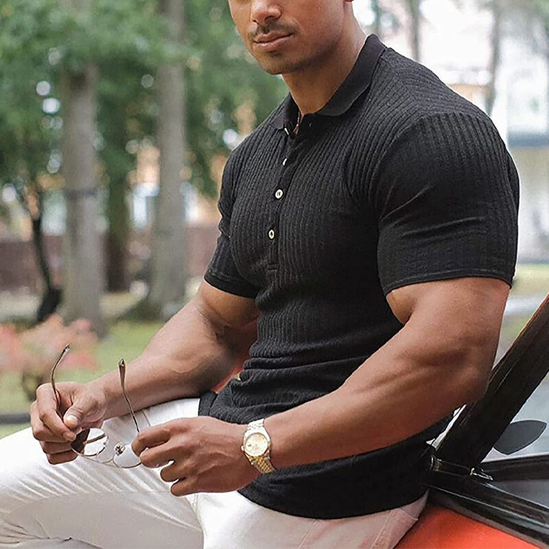 Mens Tee Short Sleeve T-Shirt Summer Ribbed Stretch Slim Fit Casual Blouse Tops gallery