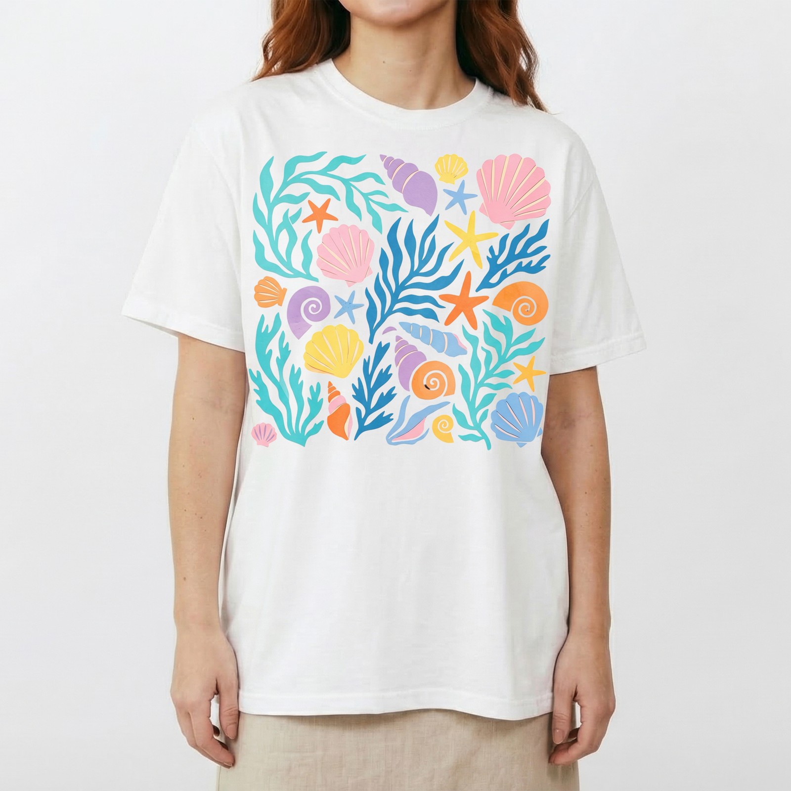 Colorful Seashells Starfish Coral T-Shirt Ocean Beach Summer Tee gallery