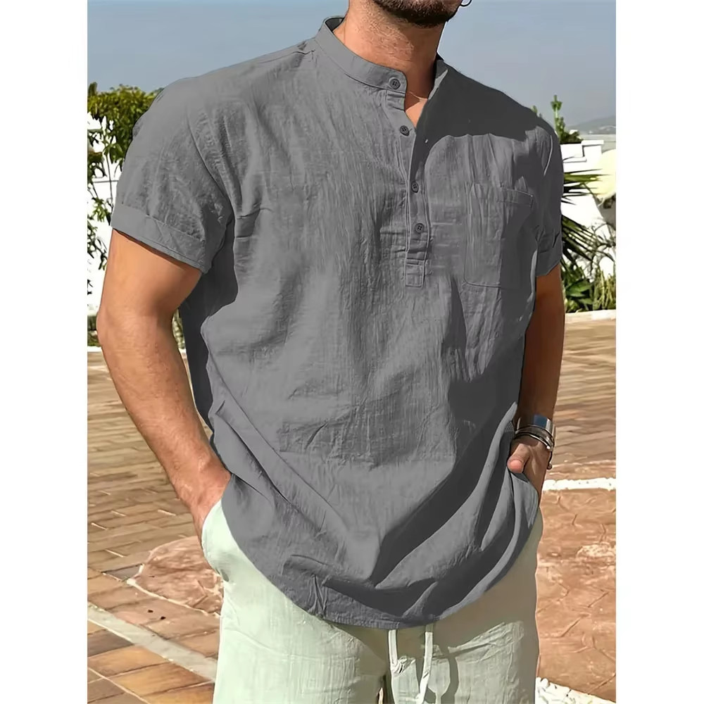 Men’s Cotton Linen Henley Shirt Summer Breathable Casual T-Shirt Tee Casual Gift gallery