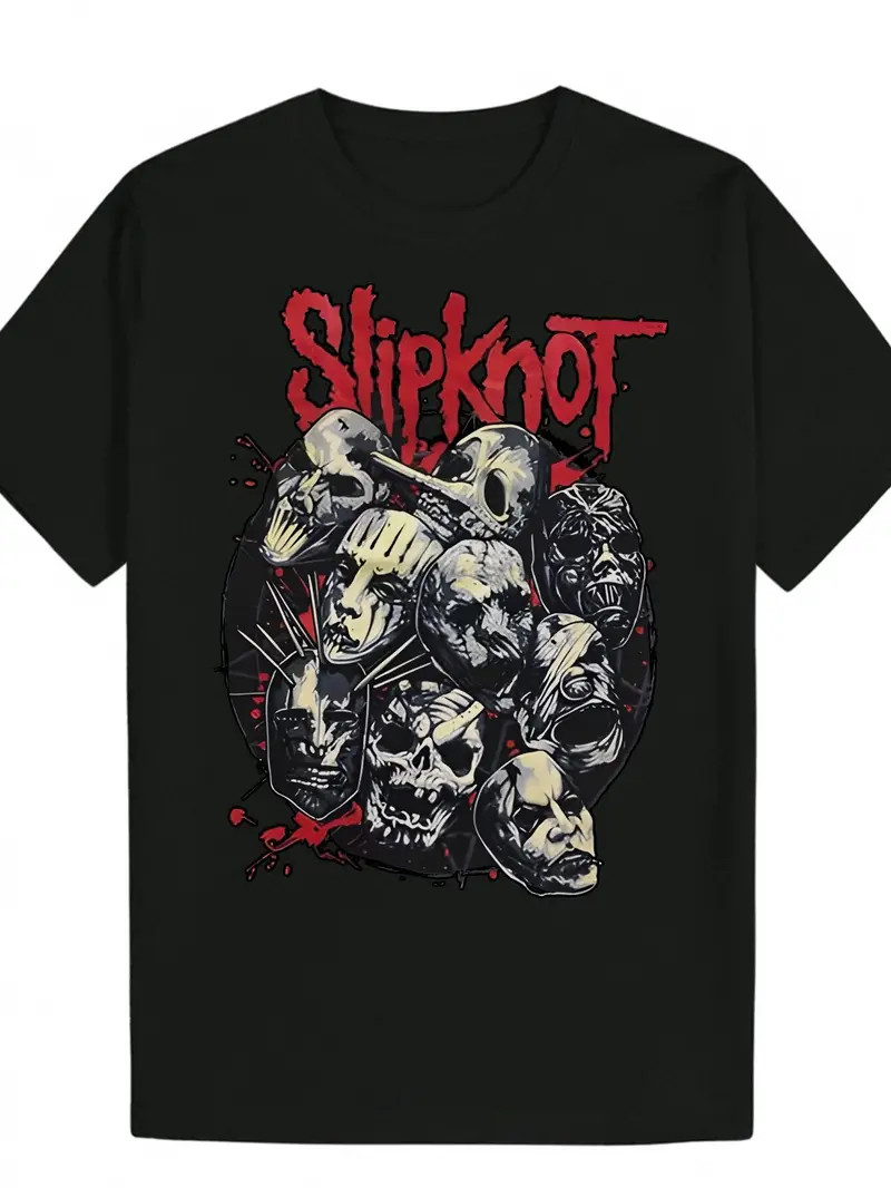 Black Slipknot Graphic Tee Casual T-Shirt with Skull Design