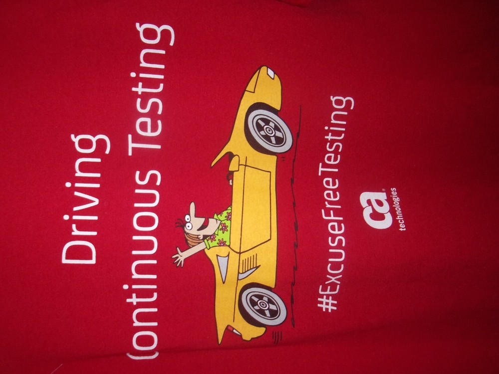 CA TECHNOLOGIES EXCUSE FREE TESTING red XL t shirt graphic sports car BUG MAGNET