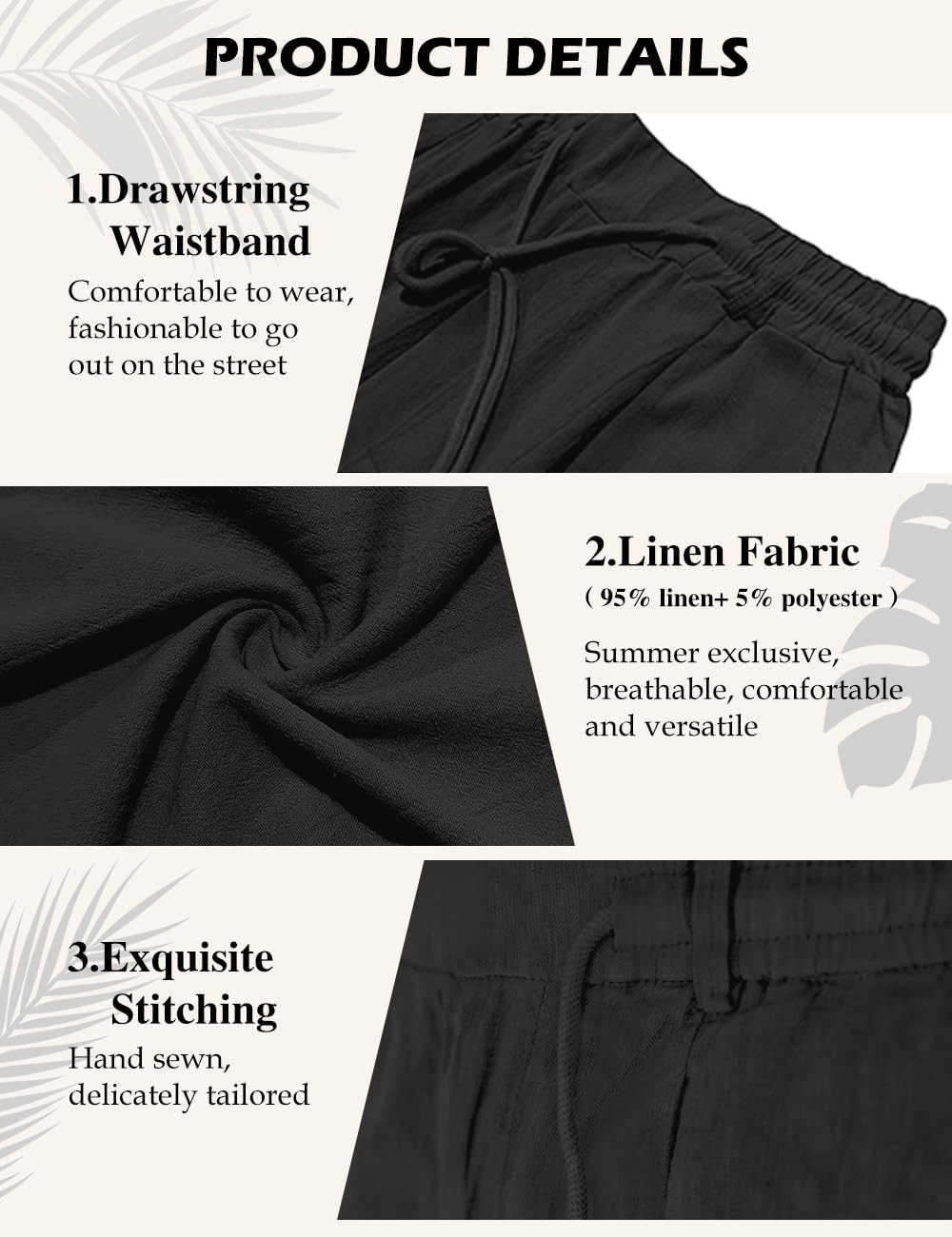Men's Casual Linen Pants Elastic Waist Drawstring Summer Beach Lightweight Tr... gallery