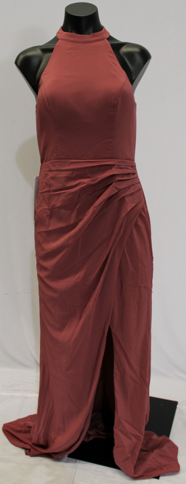 Azazie Galicia Mermaid Halter Pleated Stretch Chiffon Dress Desert Rose Size A6