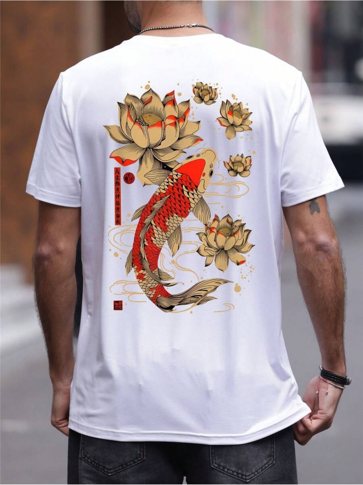 Men'S Casual Short-Sleeve T-Shirt Featuring a Koi Fish And Lotus Flower Print gallery