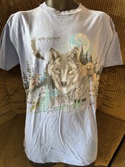 Vintage Alaska King Salmon Wolf Moose Bald Eagle 90s Shirt L Blue Double Sided