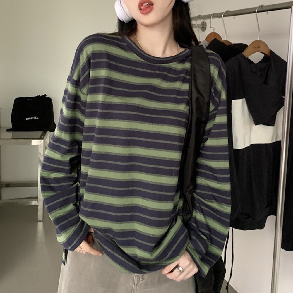 Korean Fashion Women's Loose Striped Blouse Long Sleeve Crew Neck Streetwear gallery