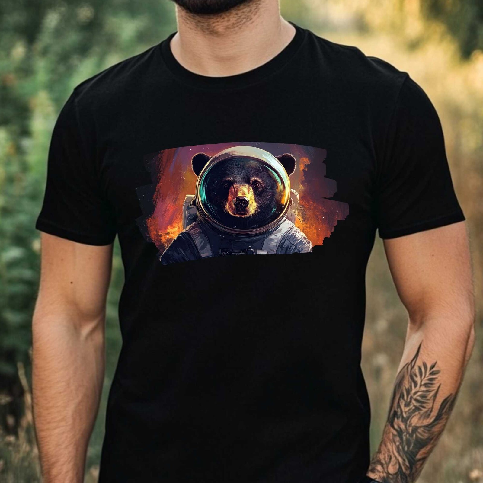 Mens Black Bear Astronaut Print Cotton T-Shirt Size XS to 5XL
