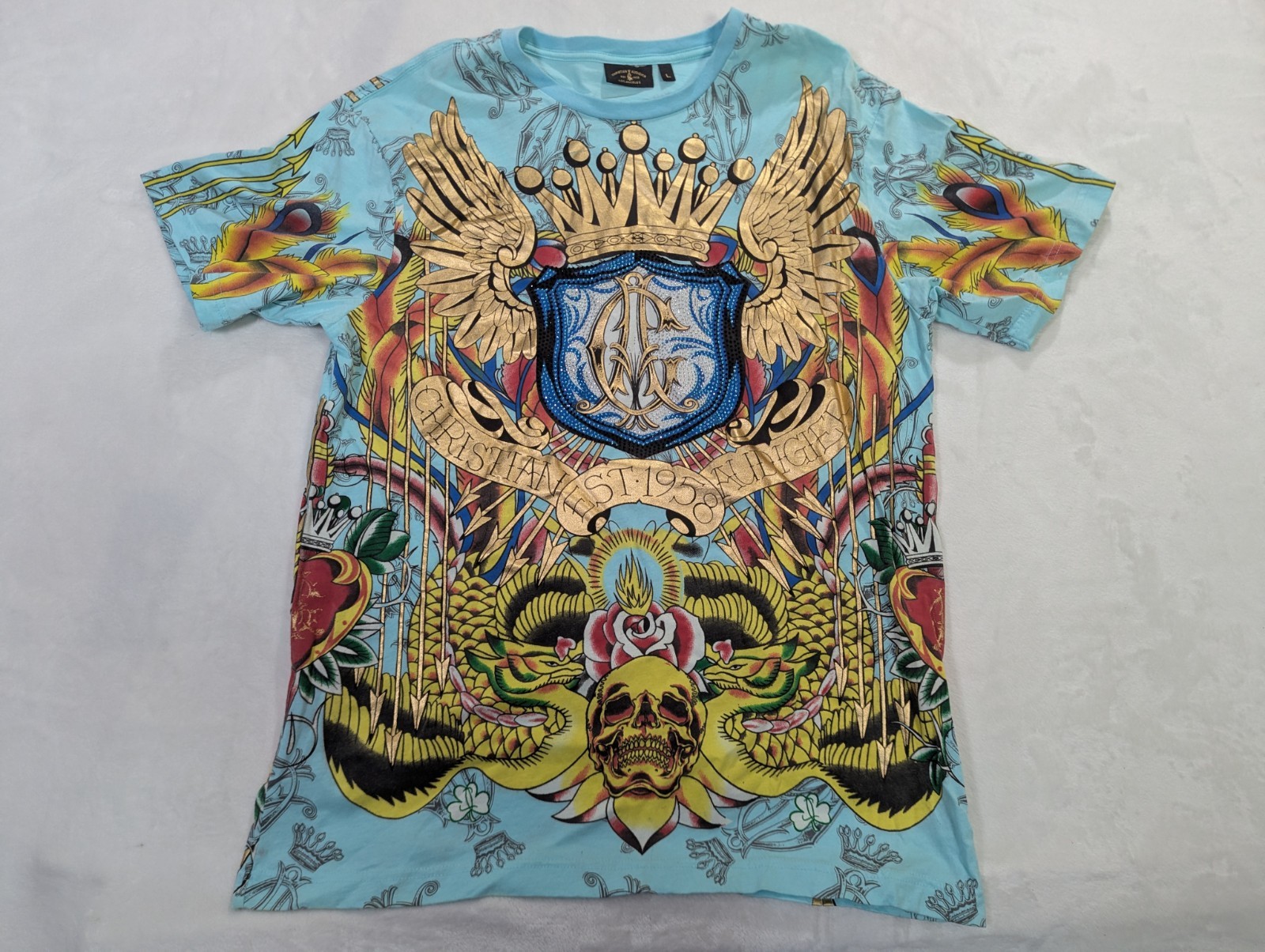 Vintage Y2K Ed Hardy Christian Audigier AOP Graphic Tee Shirt Size L