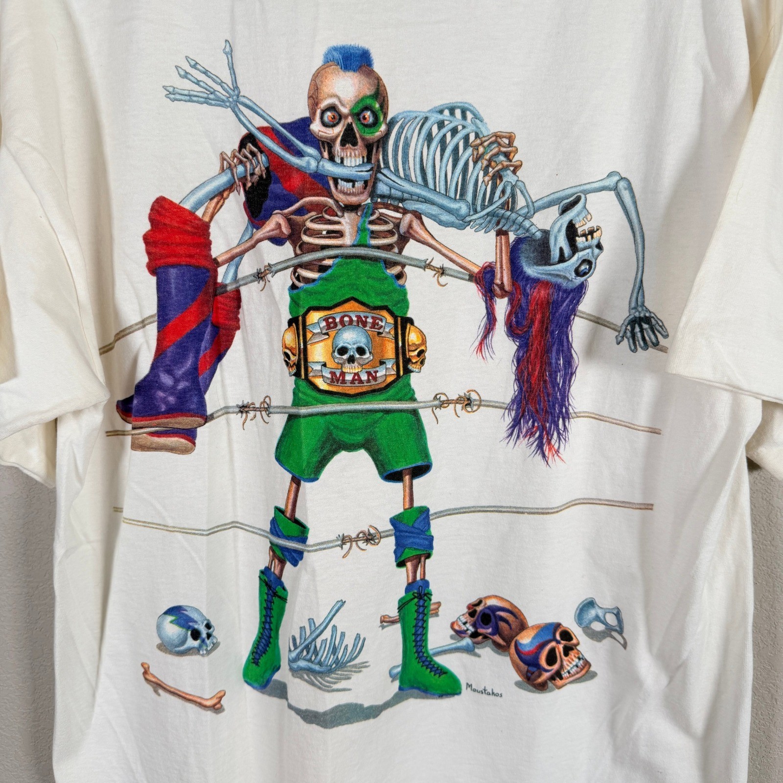 Vintage Bone Man Graphic T-Shirt Tee Skeleton Wrestling Belt Mens L White gallery