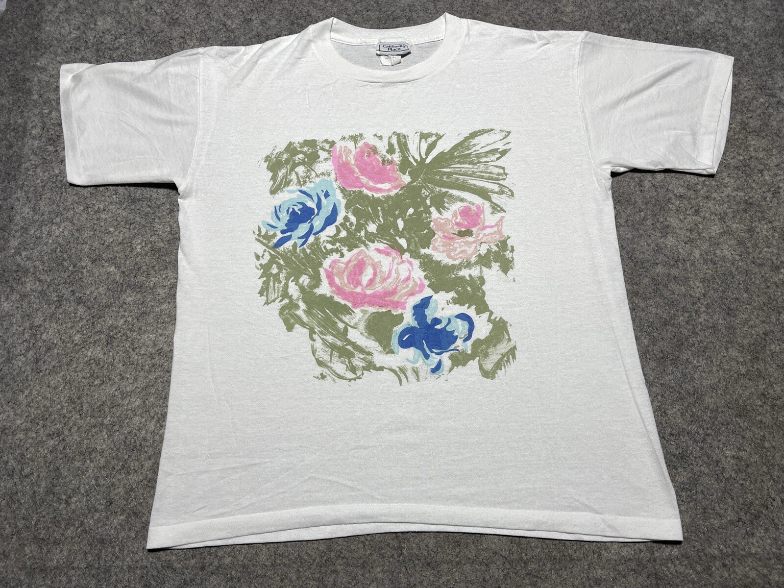 Vintage California Place white Single Stitch Flowers Roses Shirt USA Made Large gallery