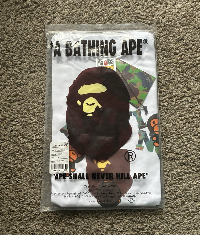 A Bathing Ape BAPE Men’s White Logo Graphic Print Crew Neck T-Shirt Size M