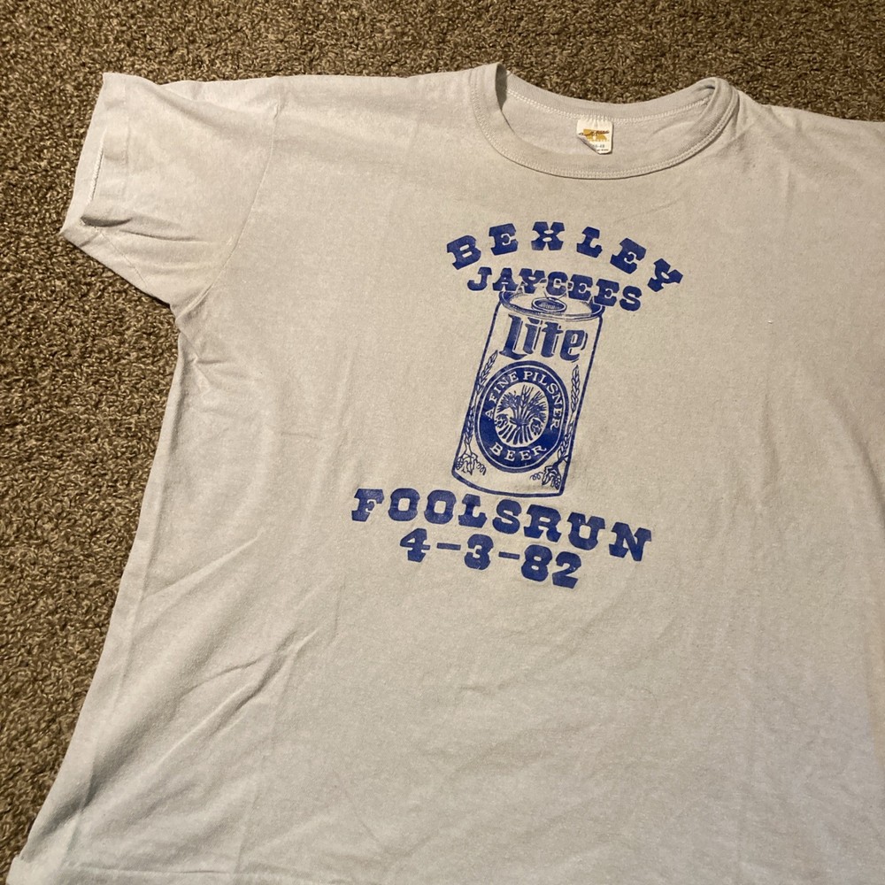 Vintage 80s Russell Athletic Miller Lite Beer T Shirt XL Jaycees Blue USA