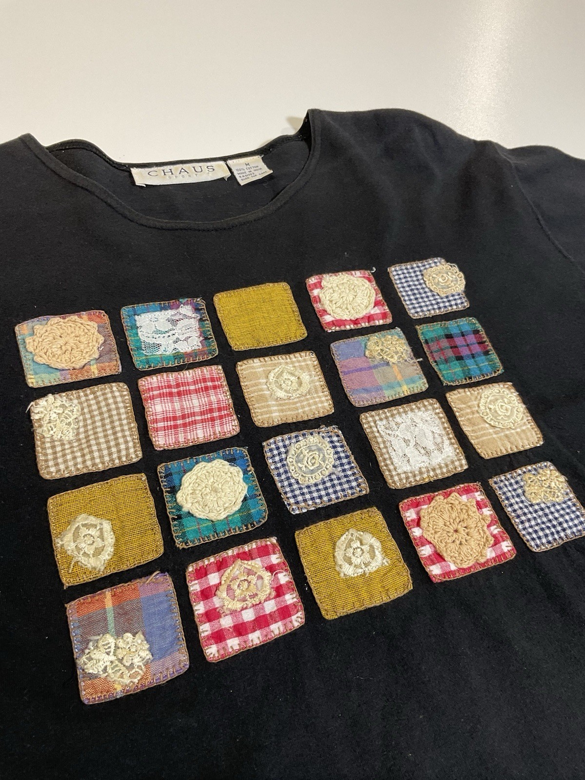 Vintage Chaus Patchwork Art T Shirt Sz M Cottagecore Grandma Lace Floral 90s gallery