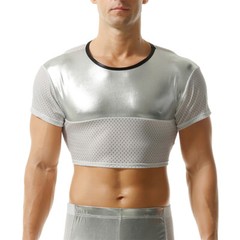 Men Stretchy Faux Leather Mesh Cropped Top Short Sleeve Fitness T-shirt Clubwear