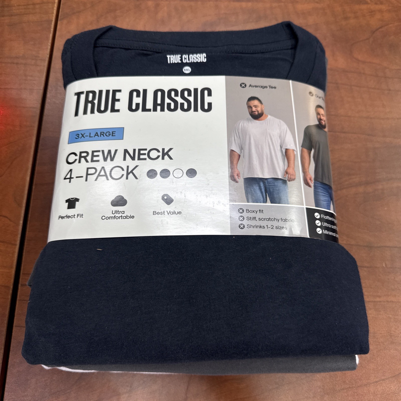 True Classic 4 Pack Crew Neck Shirts Size 3XL – Black/White/Navy/Carbon