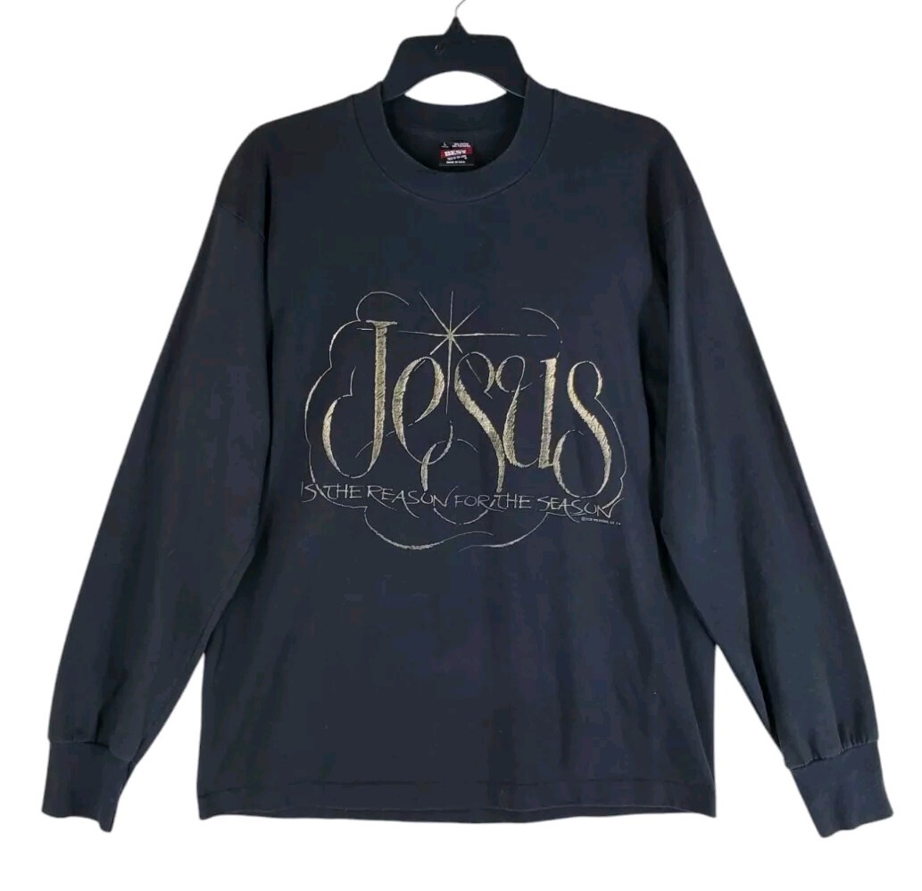 Vtg 90s Single Stitch Shirt Men L Black Gold "Jesus Reason For Season" Christmas gallery