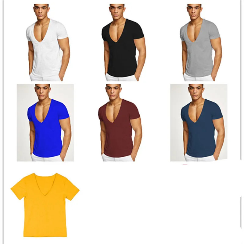 Men's T-Shirt Deep V-Neck Cotton Fitness Leisure Solid Color Tops Tees gallery