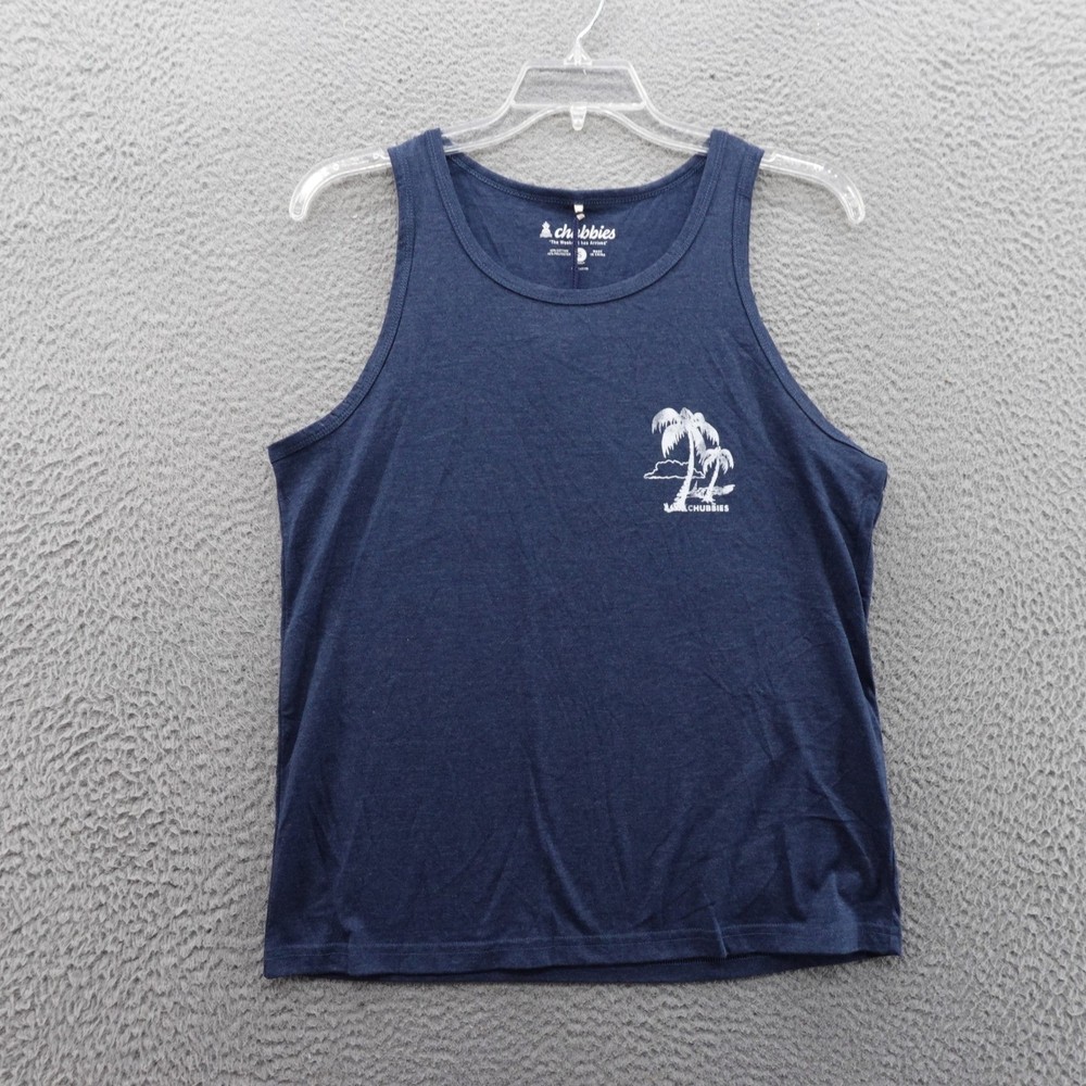 Chubbies The Relaxer Tank Top Mens Small Navy Blue Palm Graphic Sleeveless
