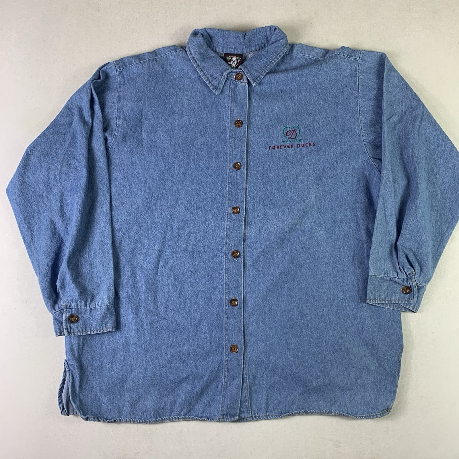 vtg 90s Mighty Ducks Original Produck Shirt Chambray Mens Large Blue Made in USA gallery
