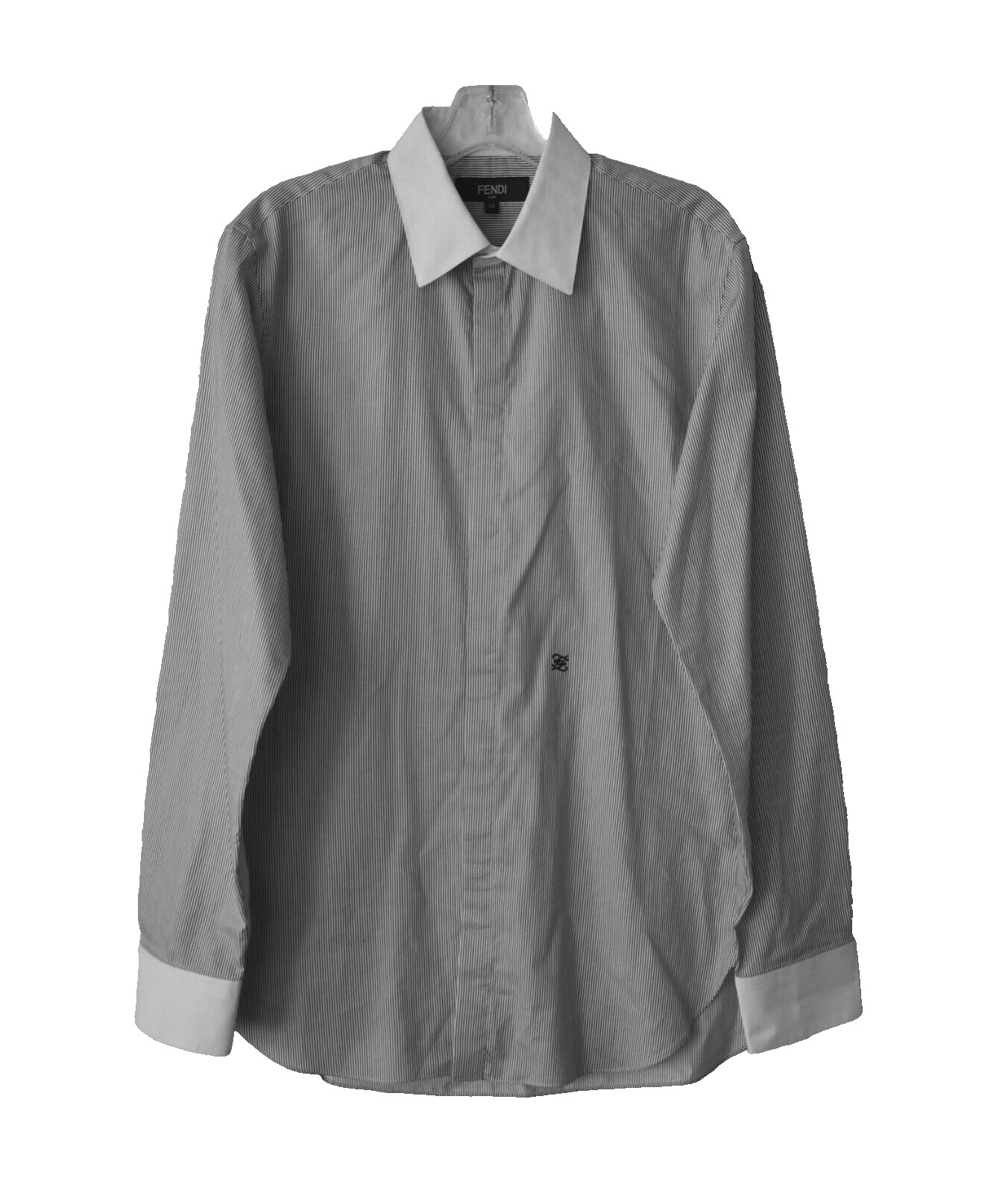 C0 Auth FENDI Grey White Stripe Embroidered FF Karligraphy Logo Shirt Size IT 39