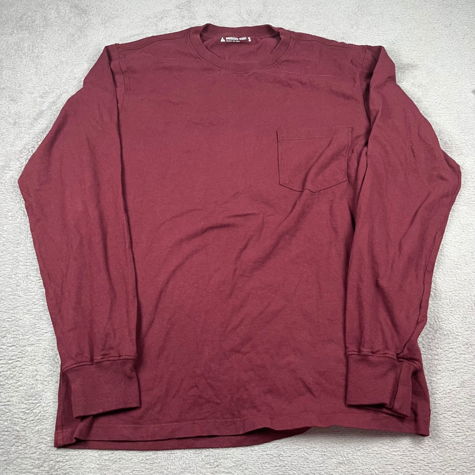 American Giant Mens Long Sleeve Pocket T-Shirt Burgundy Maroon Cotton Size S USA