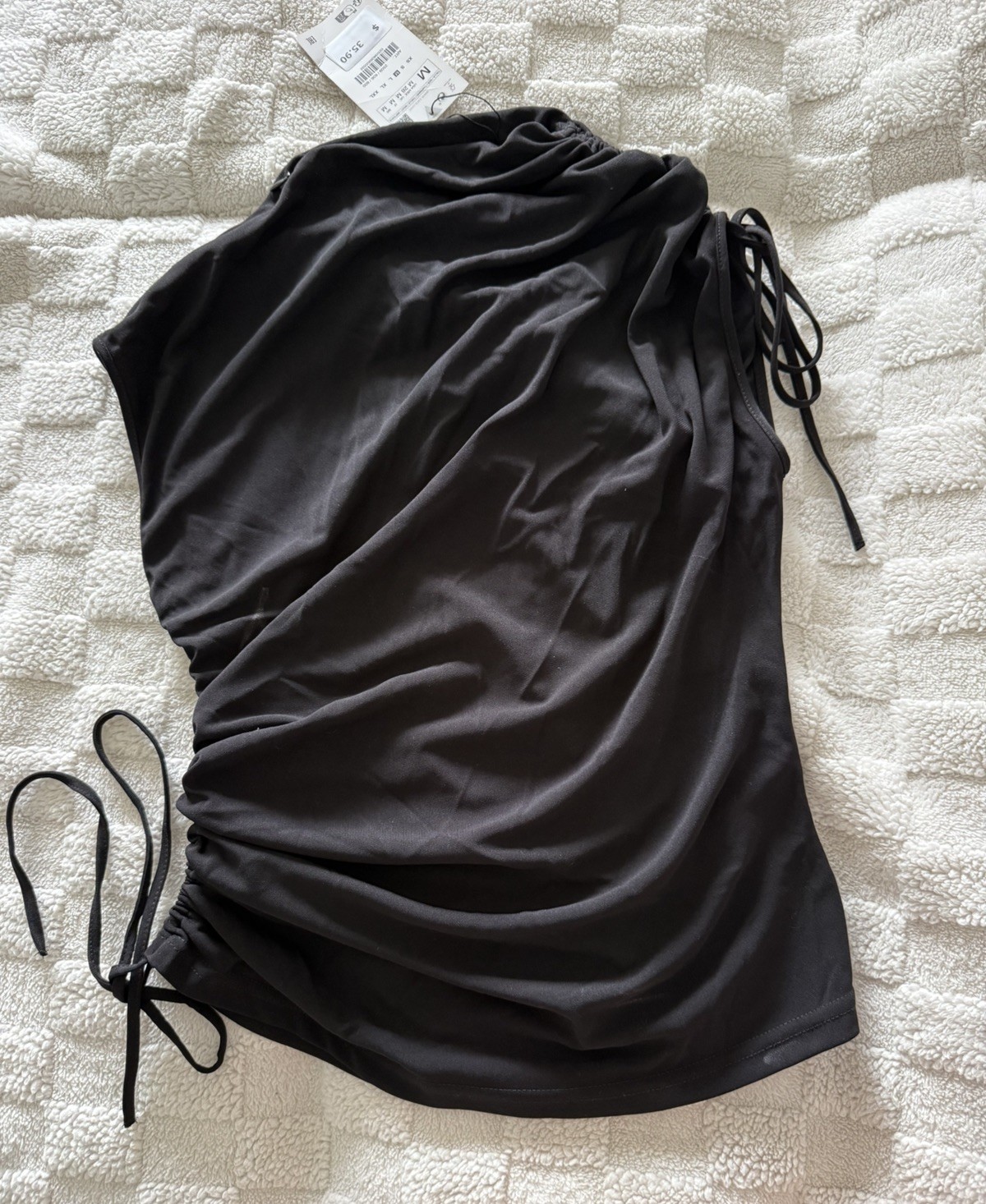 Zara Shirt Womens M Black high Neck Short Sleeve Drawstring Stretch NWT gallery
