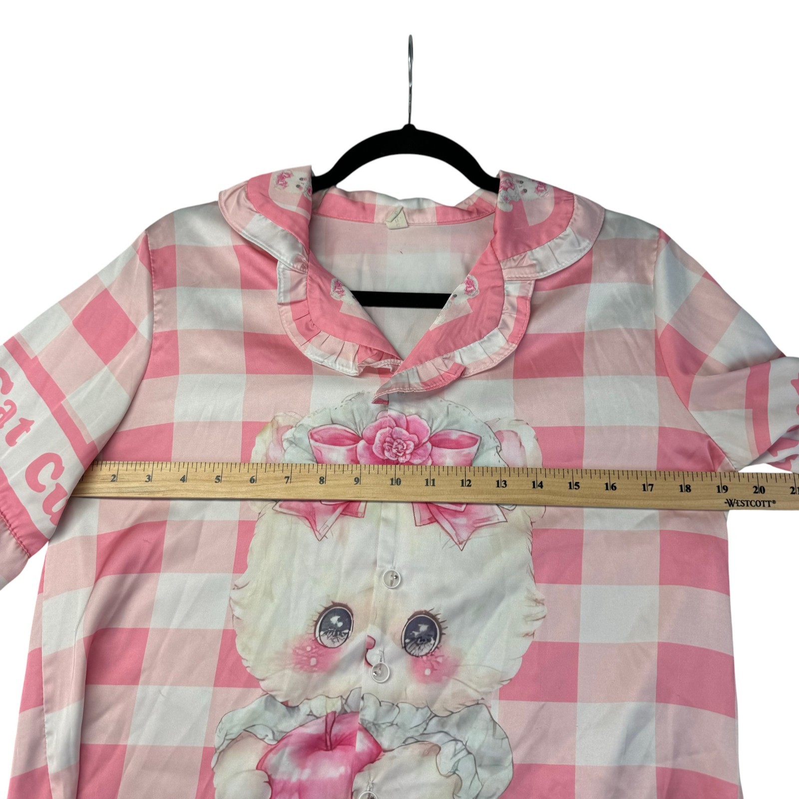 Cute Cat Shirt Women's Large Pink White Plaid Short Sleeve Queen Cartoon Blouse gallery