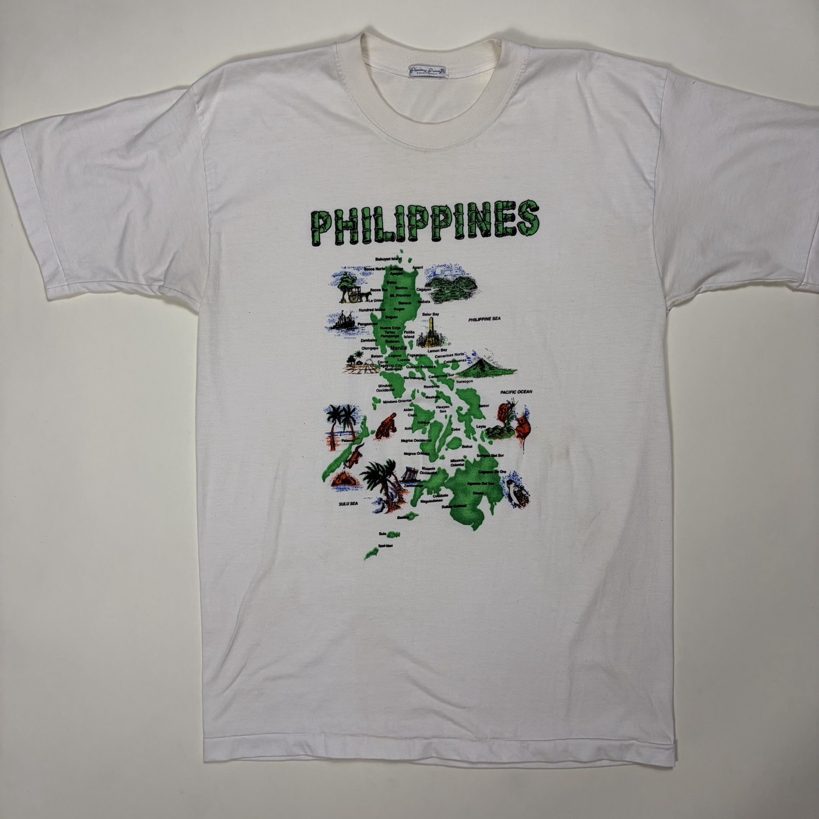 Vintage 80s 90s Philippines Tshirt Souvenir White Green Size Large