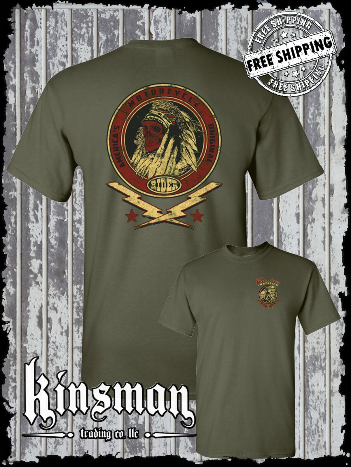 Custom Tradition Motorcycle Biker 2-Sided T-Shirt / Indian Skull War Bonnet gallery