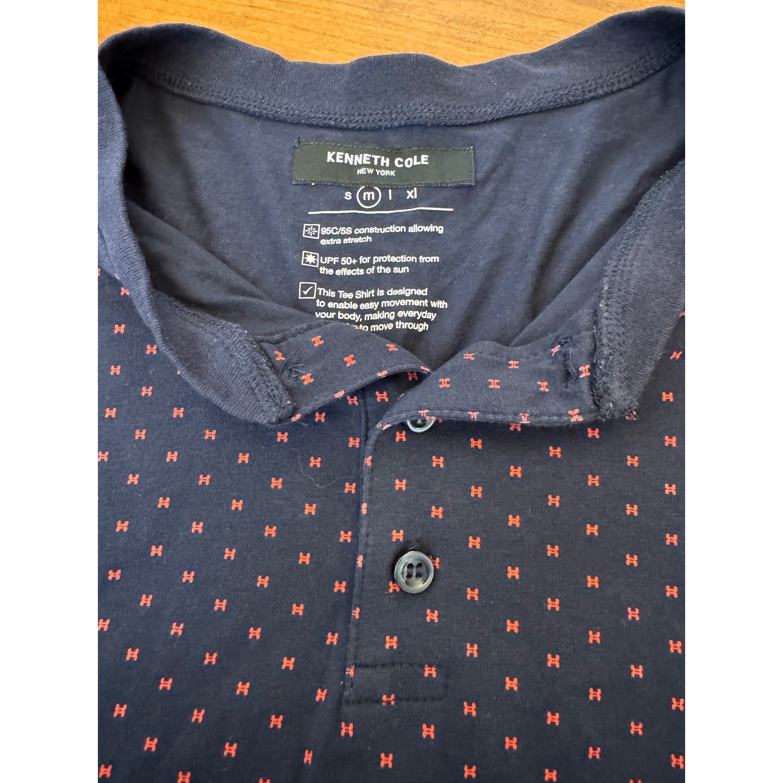 Kenneth Cole New York Mens Henley Shirt Navy Blue Red Micro Print Stretch Size M gallery
