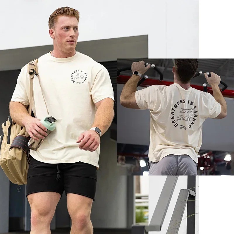 100% Cotton Men's Printed Oversized T-shirt Crew Neck Short Sleeve Gym Training gallery