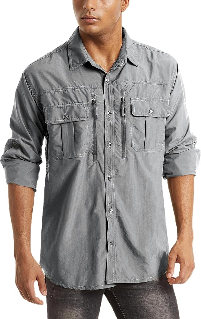 Mens Long Sleeve Cargo Shirt Sun Protection Outdoor Hiking Quick Dry Work Shirts
