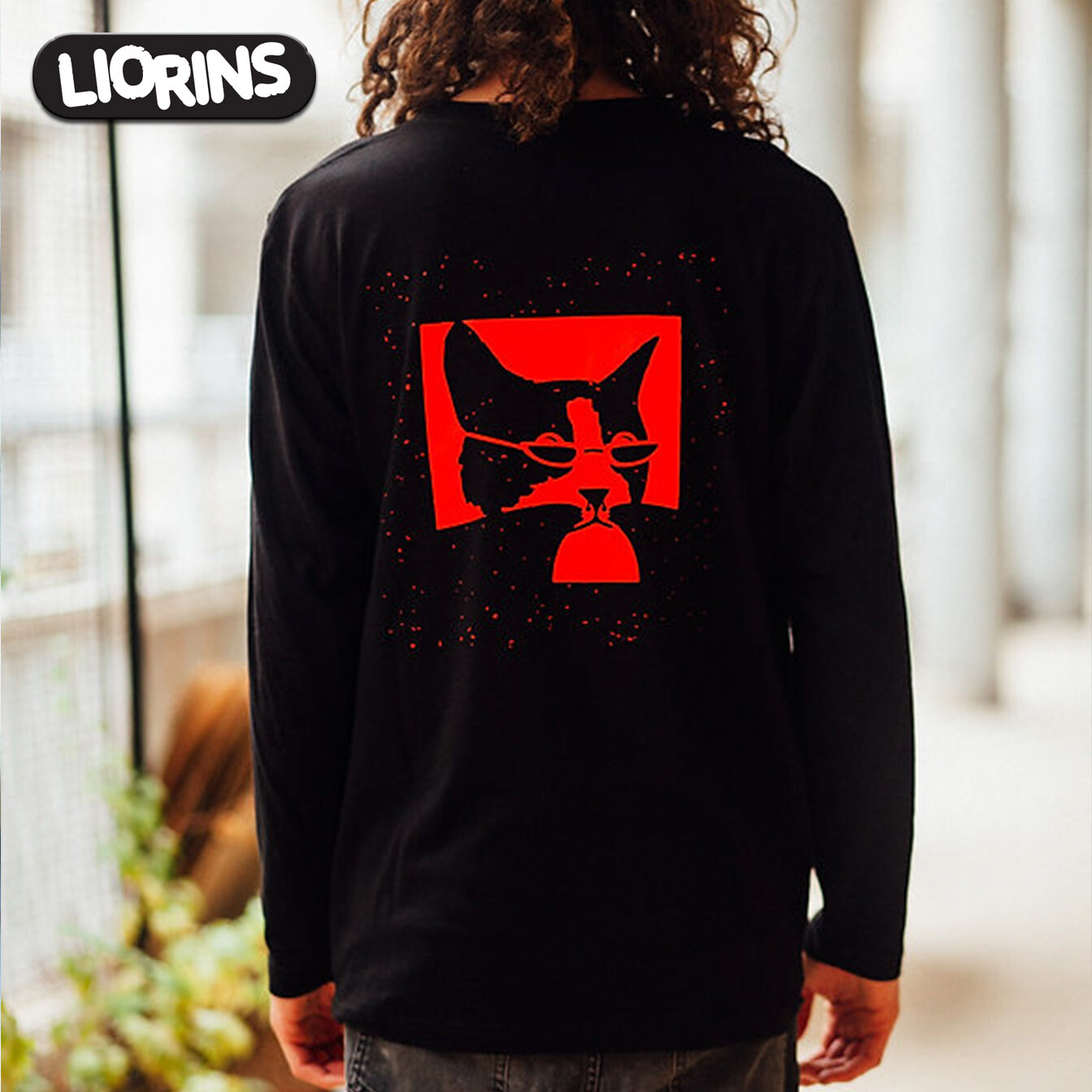 CAT Black Tee LIORINS STREETWEAR Men Unisex Long Sleeve Silk Screen Printing ART gallery