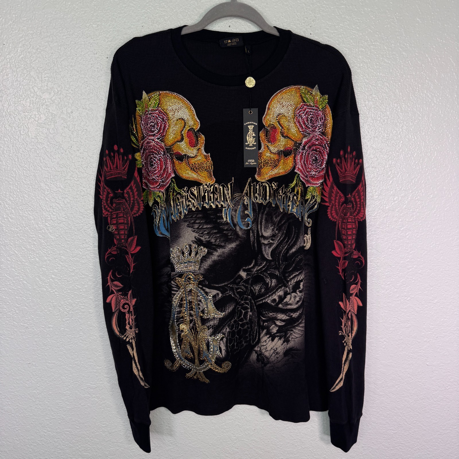 Christian Audigier Thermal Shirt Mens Large Skull Snake Eagle Battle Y2K Tattoo gallery