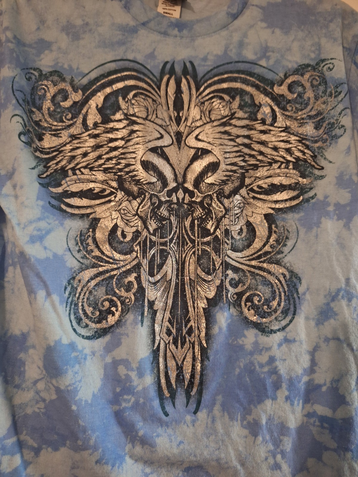 FSD Four Seasons Design Vintage T-shirt 2 skullsBlue with silver size small 90s gallery