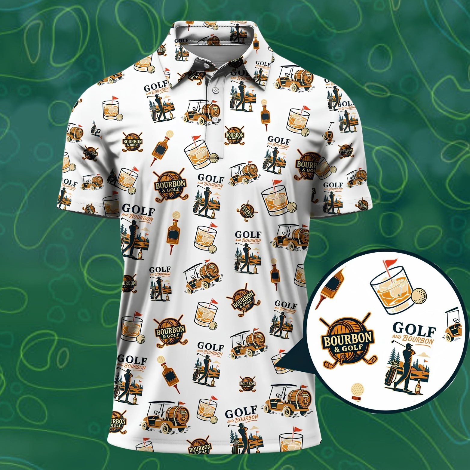 Golf and Bourbon Polo Shirt Men Funny Whiskey Golfer Drinking Gift Dad DayS-5XL)