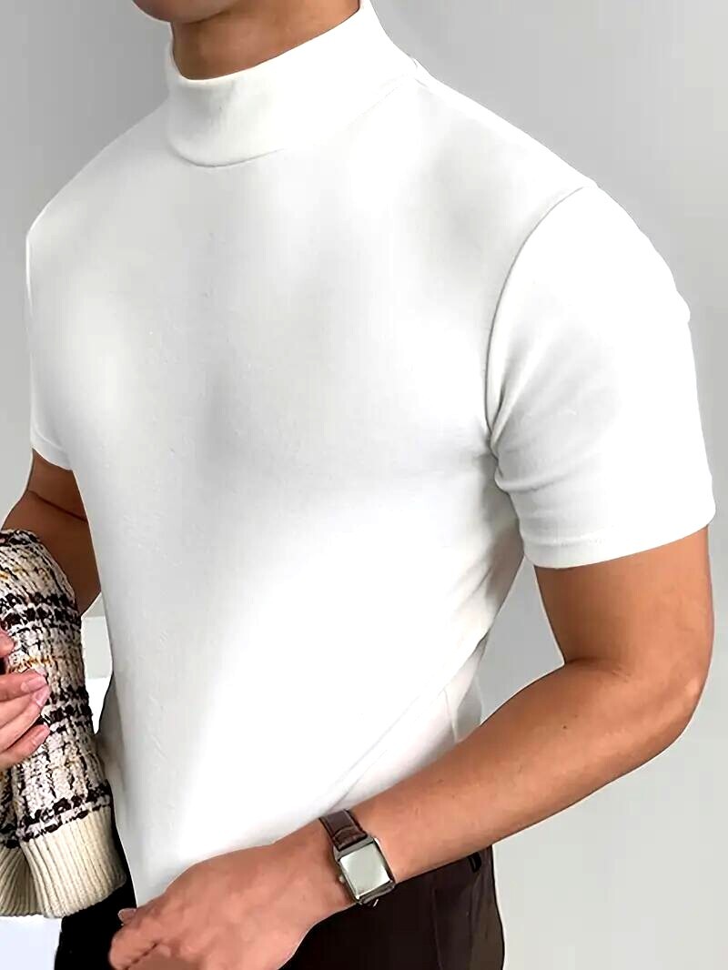 Fashion Men High Neck Short Sleeve T-Shirt Sophisticated Soft Fabric White New