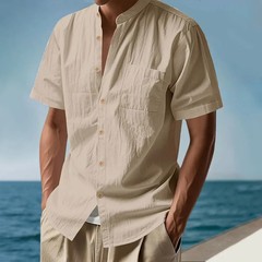 Summer Men’s Short Sleeve Shirt Solid Color Casual Single Breasted Cotton Linen