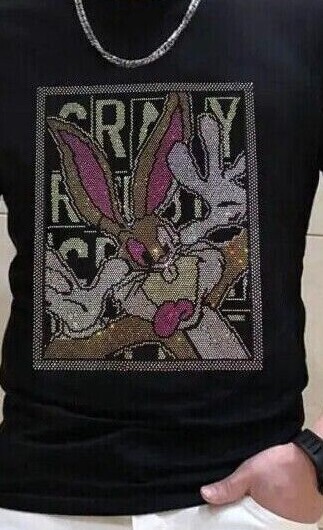 New Men Fashion Diamond Rhinestones Bunny Rabbit Luxury Black Long T-Shirt gallery