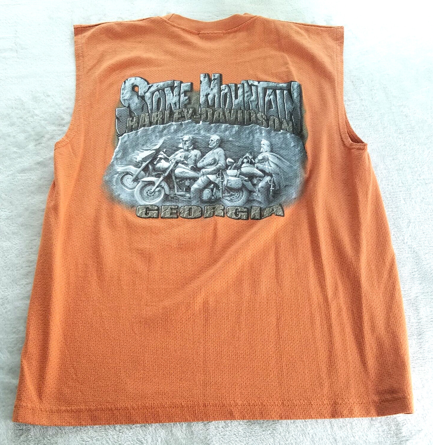 Mens Harley Sleeveless Graphic T Shirt Orange Stone Mountain – See Measurements