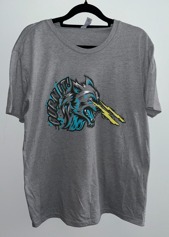 Gnasher Wolf Blue & Yellow Lightning Eyes Graphic Next Level Gray T-Shirt M
