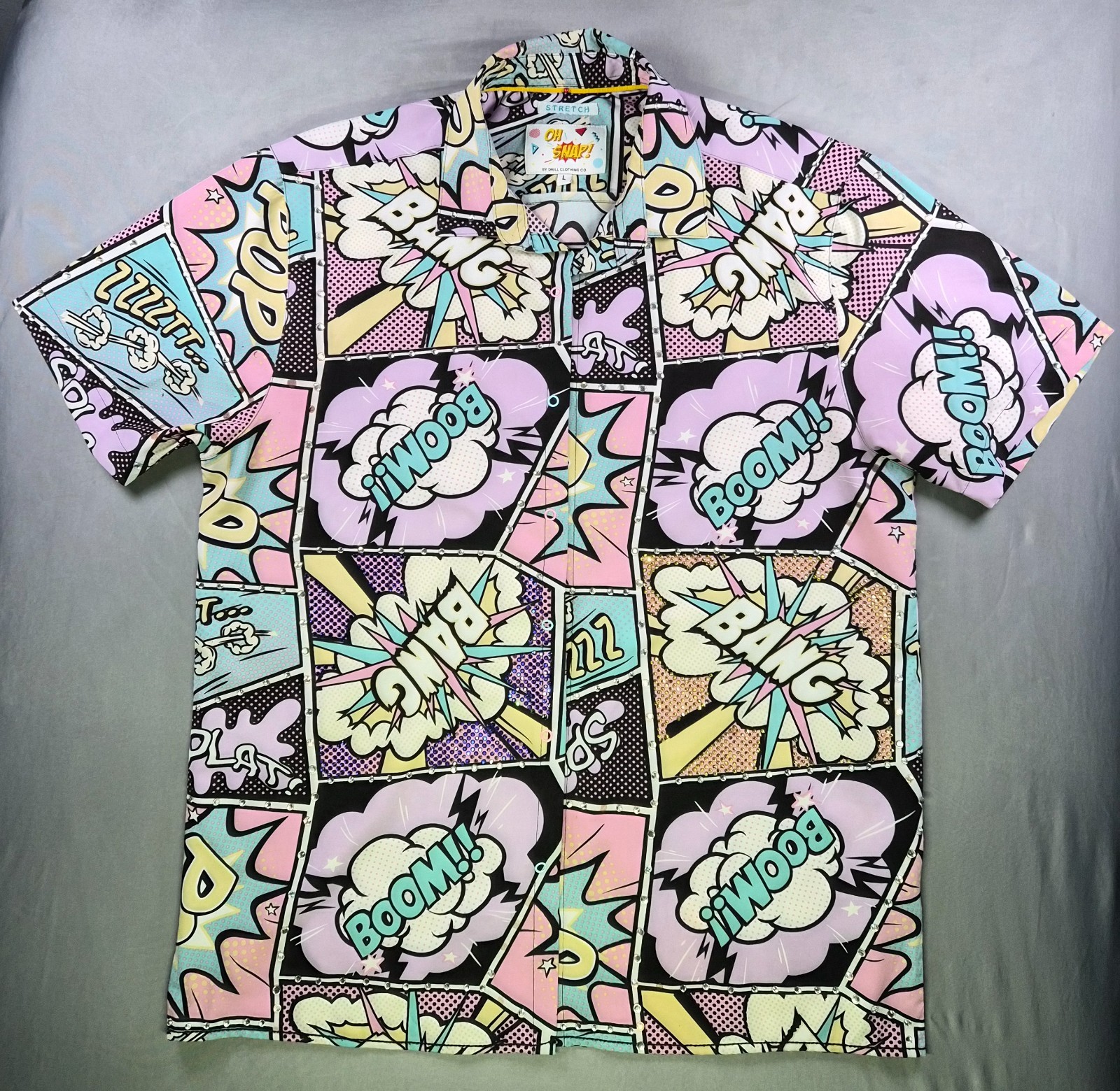 NWOT OH SNAP MENS SHIRT COMIC RHINESTONE STRETCH L MULTICOLOR - RAVE DANCE PARTY gallery