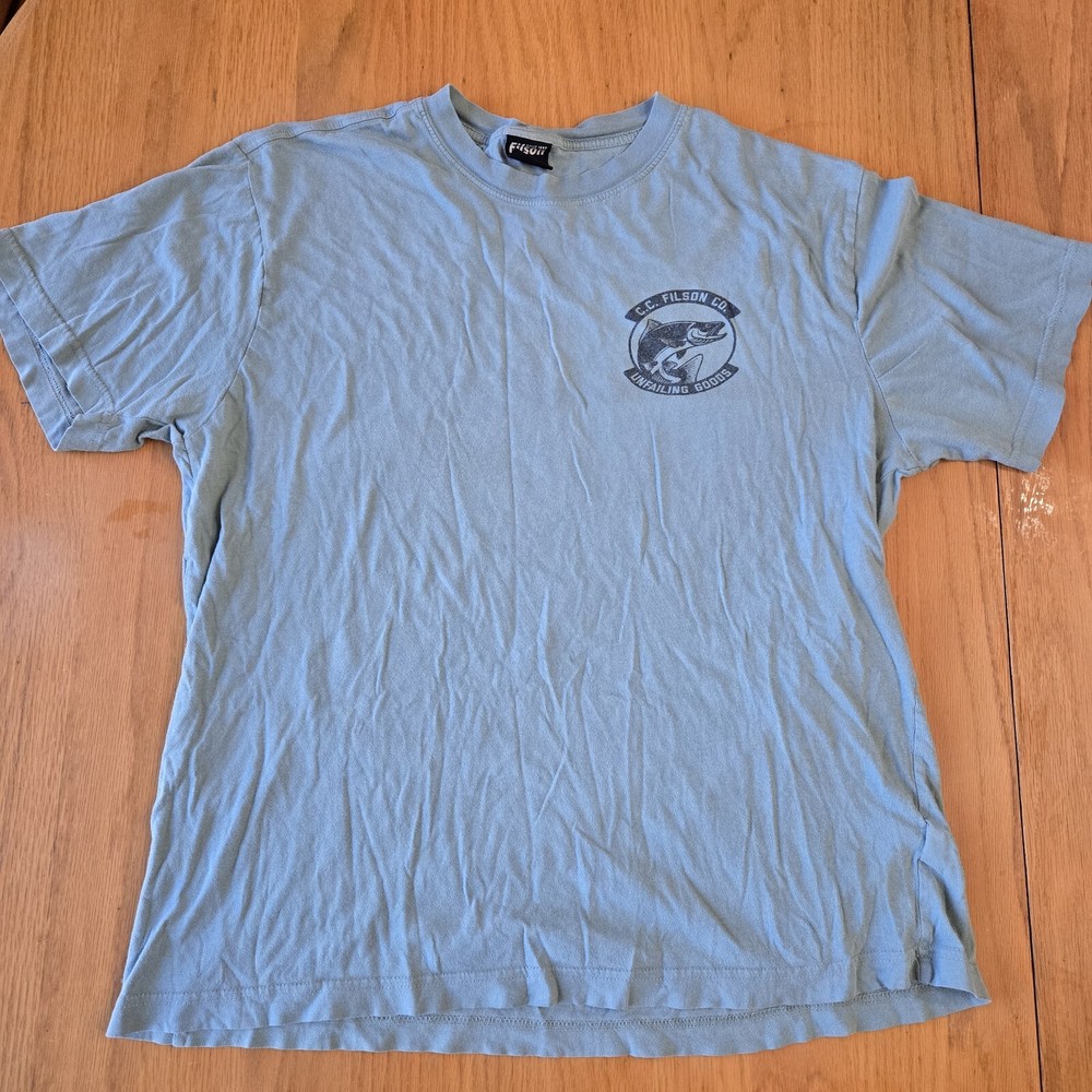 C.C. Filson Unfailing Goods Gray Double Sided Graphic Tshirt Trout MENS M