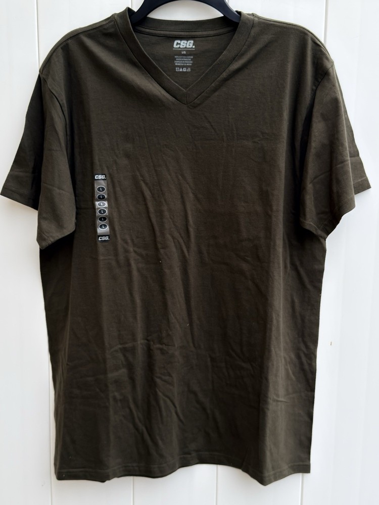 CSG Men’s Large Dark Olive 100% Cotton Short Sleeve V Neck Basic Tee NWT